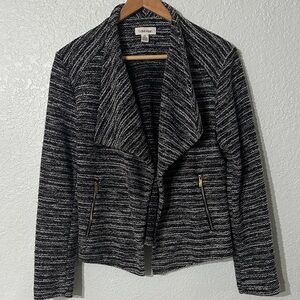 Calvin Klein Women Textured Zippers Black/Grey Tweed Flyaway Jacket Size M $120